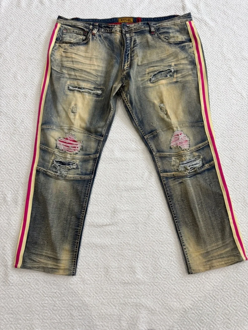 Makobi Washed Distressed Men's Straight Jeans with Pink Side Stripe Sz 48